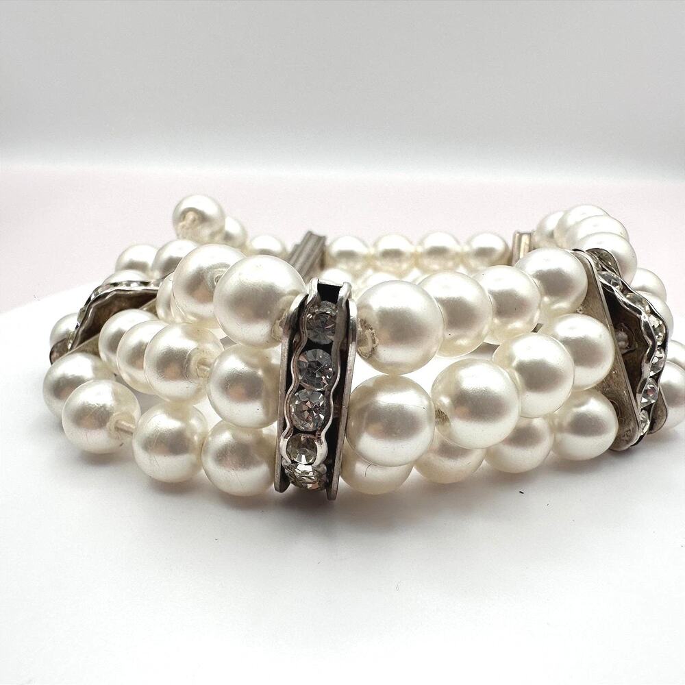 Vintage 90s Multi-Strand Faux Pearl Stretch Bracelet Rhinestone Spacers Jewelry